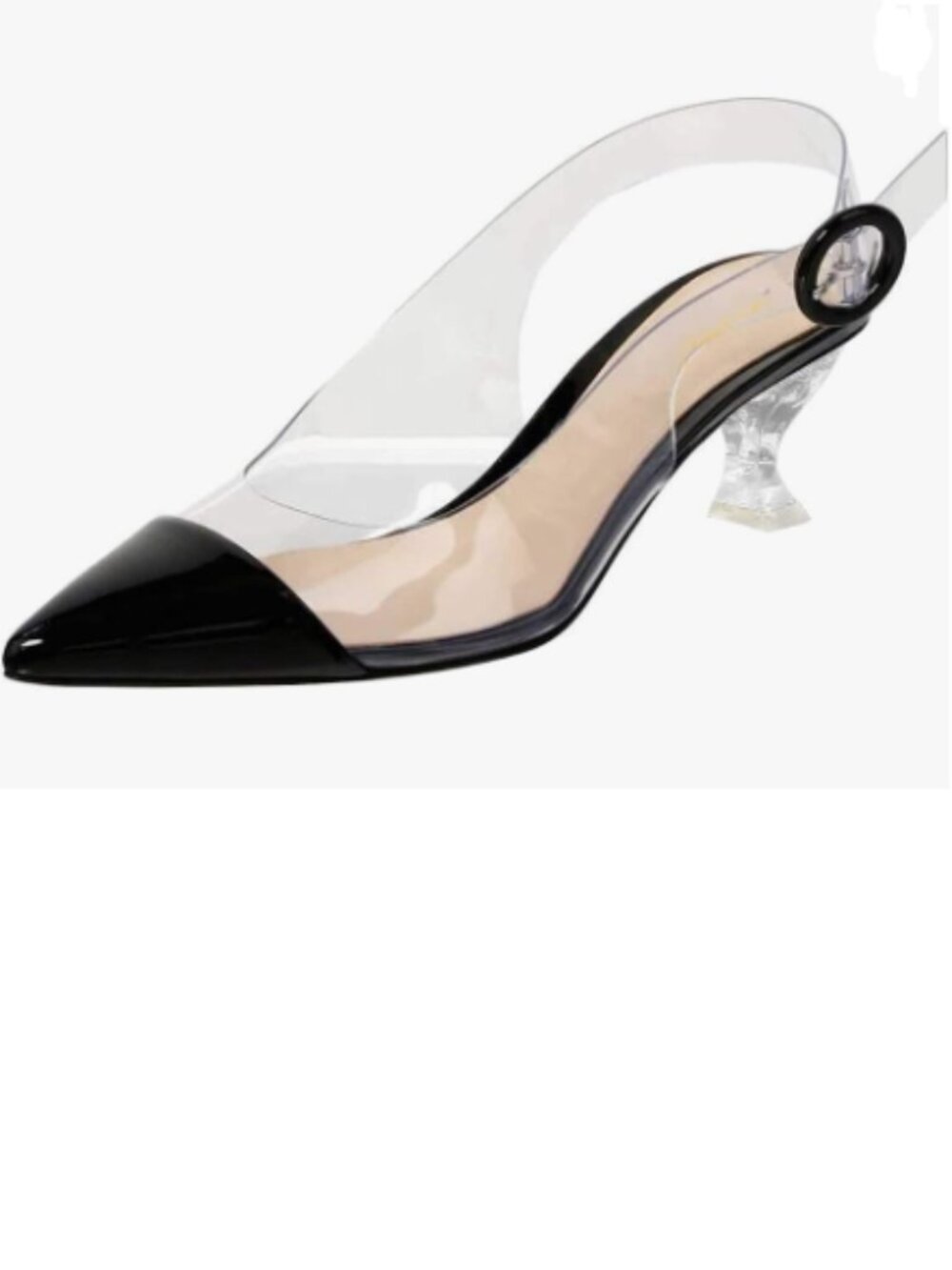 XYD Black Transparent Slingback Clear Low Heels Pointed Toe PVC Dress Pumps